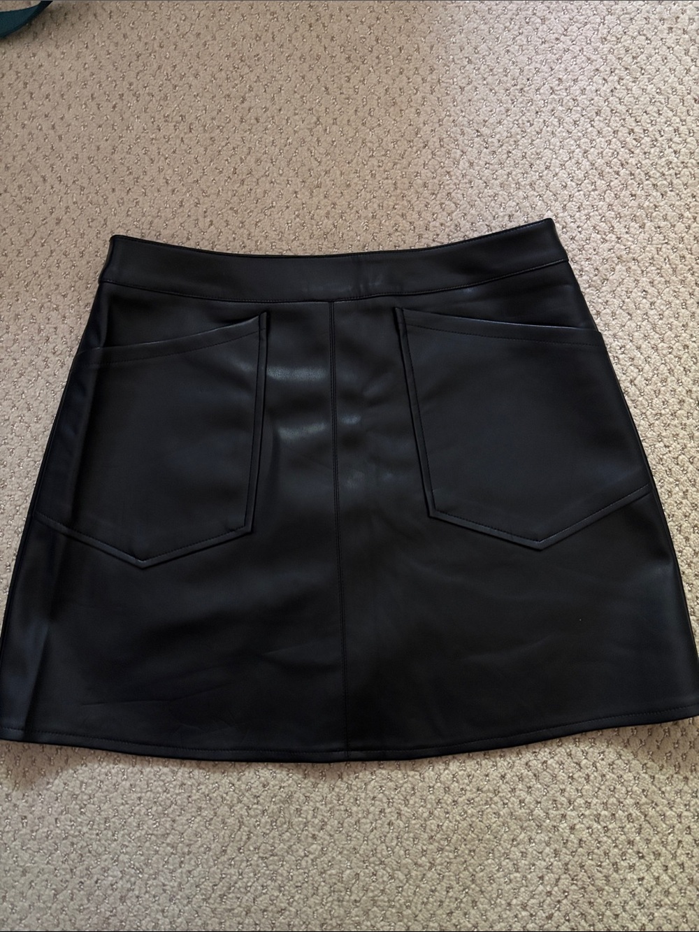 Women’s Black Faux Leather Midi Skirt with Front Patch Pockets